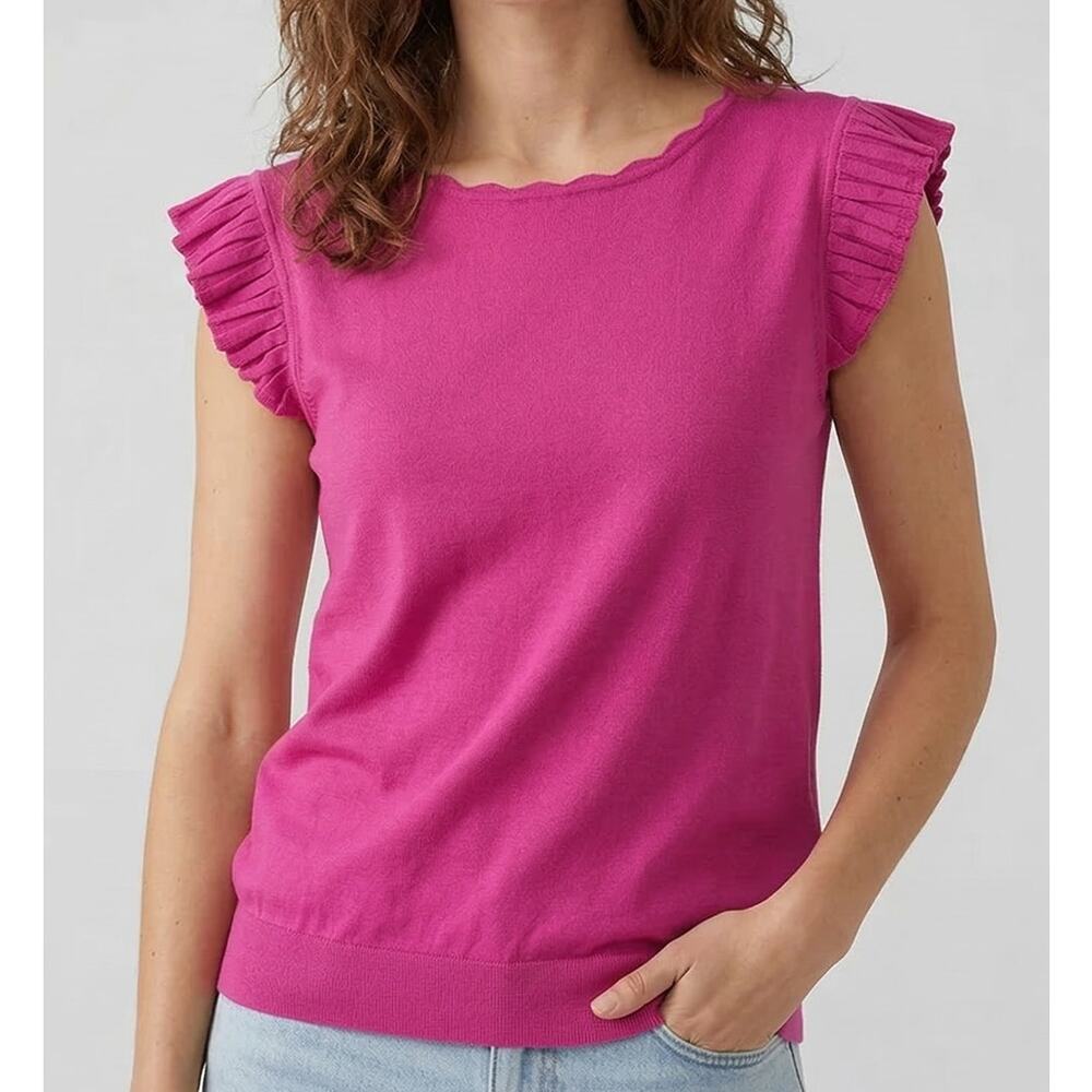 Ann Taylor LOFT Outlet Small Pink Cap Sleeve Ruffle Sweater Scallop Neckline